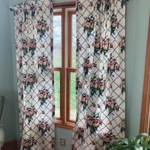 Gorgeous Vintage 1990’s pair of Waverly Floral Curtains with royal blue bamboo trellis and rose bouquets Graceland in Bloom fabric 102”x85”