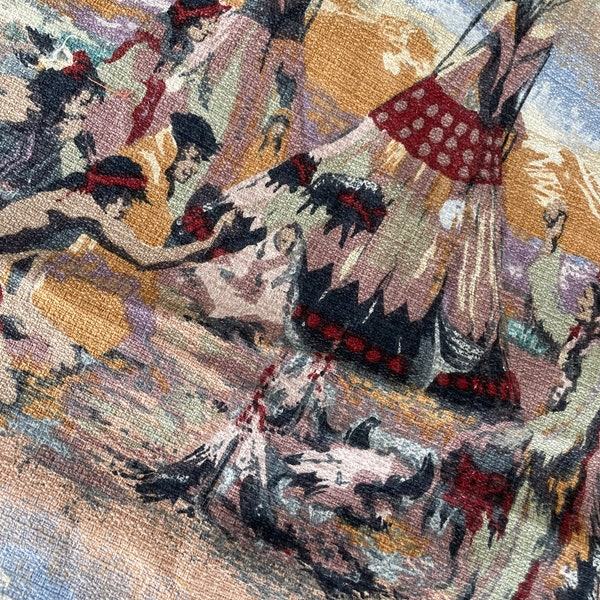 Choice of Vintage 1990’s barkcloth fabric pieces cowboys Native American theme and oriental floral pink flower fabric