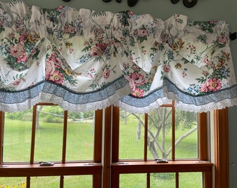 Vintage 1990’s Waverly Floral Valances roses double ruffle with eyelet lace and  country blue trim (2 available)   87”x24”OR tiebacks