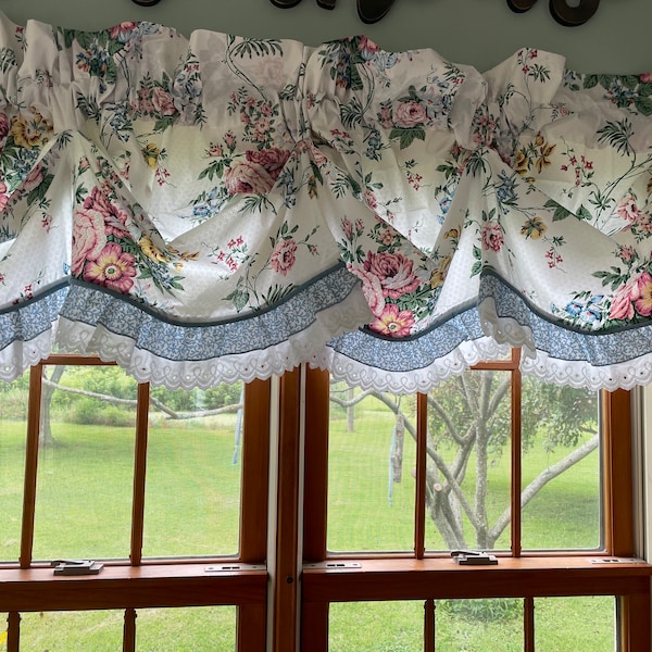 Vintage 1990’s Waverly Floral Valances roses double ruffle with eyelet lace and  country blue trim (2 available)   87”x24”OR tiebacks