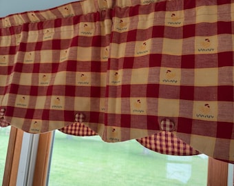 Primitive Vintage petticoat valance large print dark red and ivory tan gingham plaid with little chickens or roosters Buttons