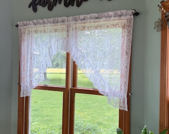 Vintage white lace curtain swags ruffled Priscilla swags curtain pair 80” wide total x38” long