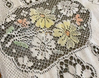 Choice of 4 Vintage 1970’s Tablecloths: Open Weave netted floral, harvest gold lattice, lemon yellow and banana yellow with macrame trim