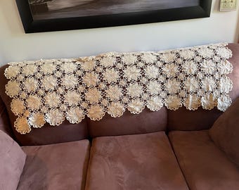 Hand Crocheted Vintage Sofa back Daisy cover throw or Tablerunner in a Soft cotton Yarn with shiny bits of poly yarn. 68”x27”Grandmillenial