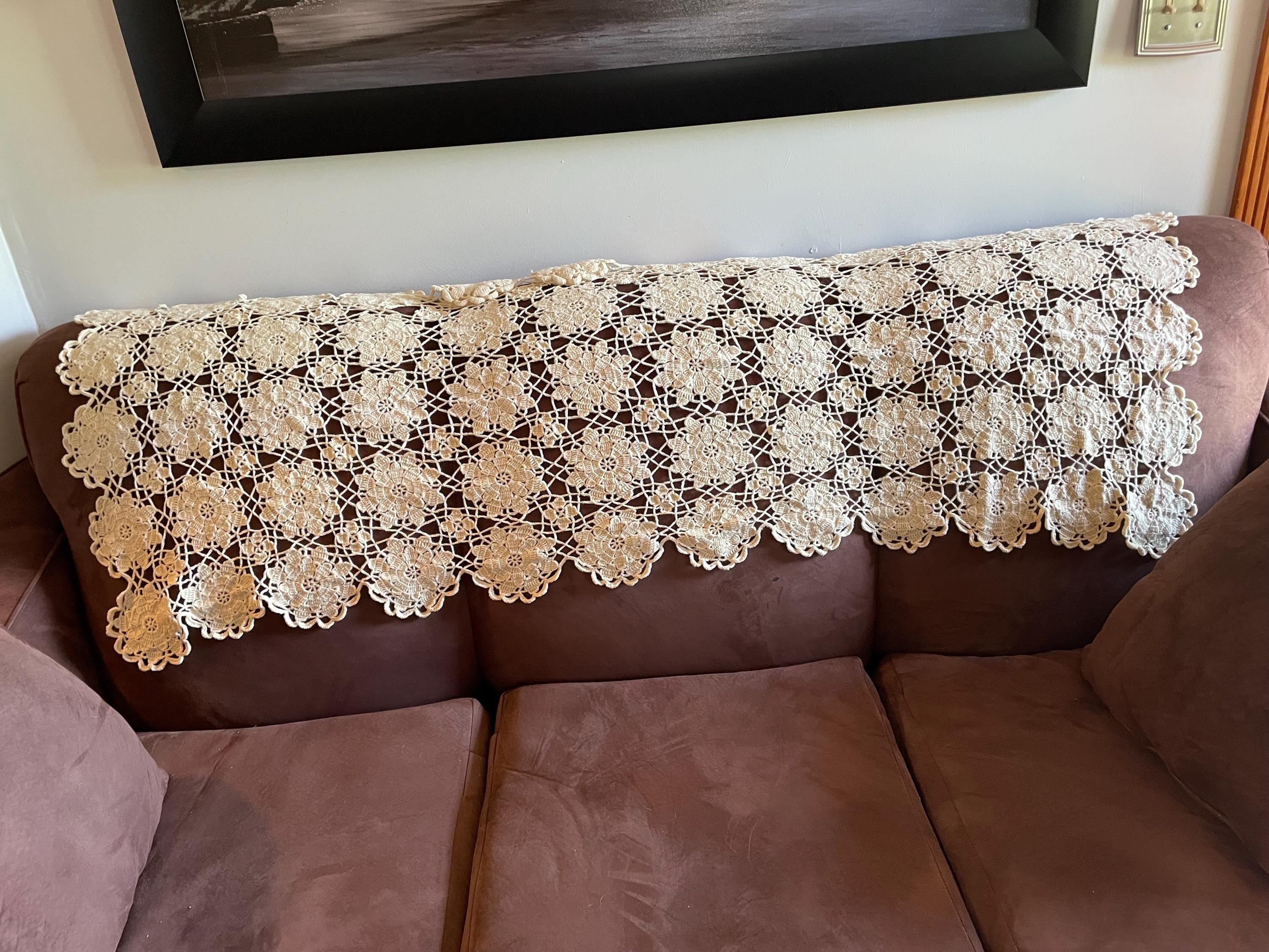 Hand Crocheted Vintage Sofa back Daisy cover throw or Tablerunner in a Soft cotton Yarn with shiny bits of poly yarn. 68"x27"Grandmillenial