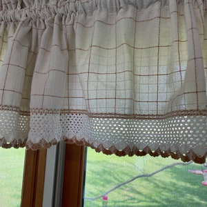 Vintage Textured Cotton Valance (s) with crocheted cotton lace scalloped  edging and beige squares woven into the cotton curtain 50”x13”