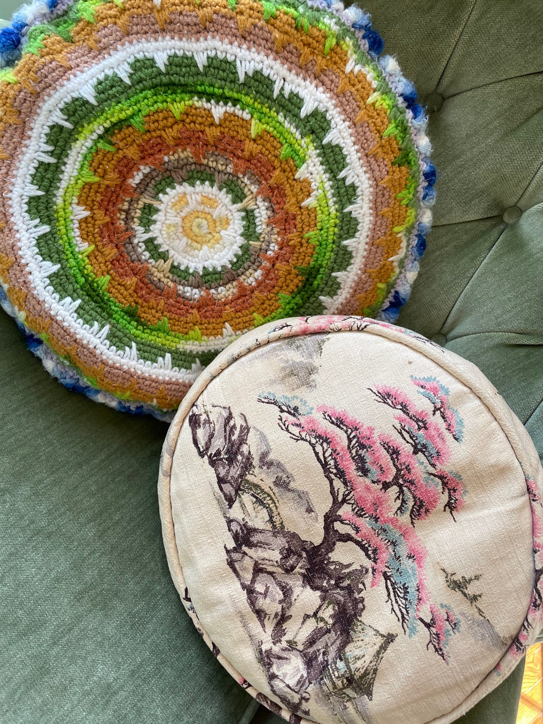 Choice of 1960s Vintage Chair Cushion or Pillow Barkcloth Tree Mountain