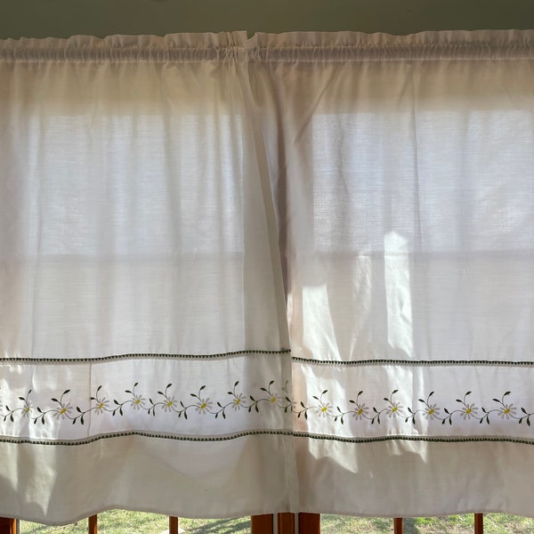 Choice of white daisy embroidered 30 x 38 curtain tiers or white with blue embroidery and crocheted hem valances 60 x16