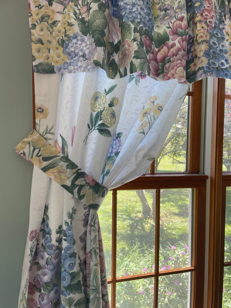 Vintage 1990’s floral tieback curtains French Country Flower Garden floral window valance, panels, Choose below pieces to fit your needs image 2