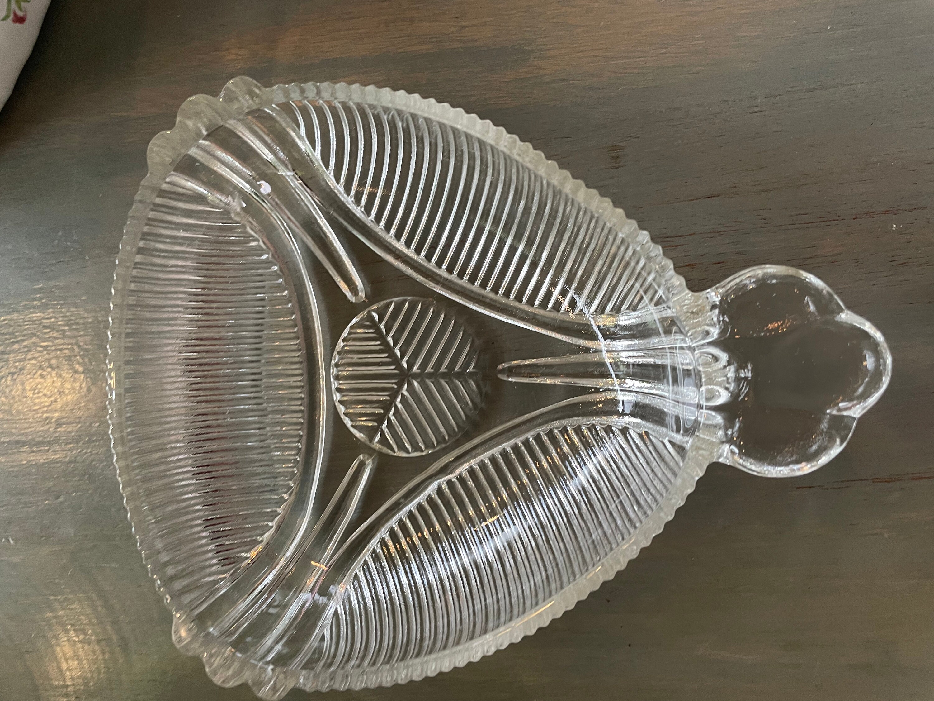 Vintage Art Deco etched Glassware drinking glasses with platinum metallic floral bands at the top OR Art Deco geometric glass pocket dish