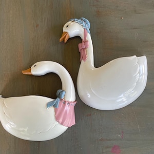 Pair of Vintage 1980’s Plastic Wall Pocket Geese or Pair of plastic wall decor Kids: Farmer in overalls Girl in bonnet with geese Home Int.