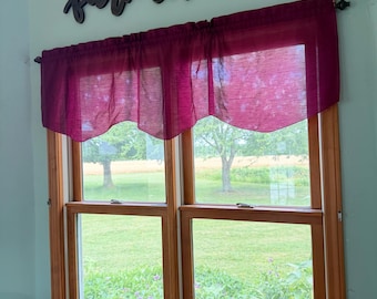 Burgundy wine swag curtain valance with 3 scallops in a semi-sheer light filtering cotton poly blend fabric 67”x18” 2 avail sold separately