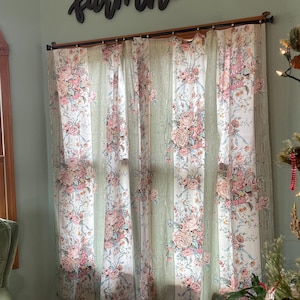Choice of Vintage shower curtains shabby chic florals OR center opening and tiebacks cottagecore cream subtle sage green & lavendar floral