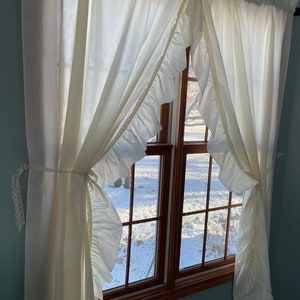 Vintage PAIR of 1980’s solid creamy white Priscilla curtain w/ ruffles & tiebacks shabby chic cottagecore with 43” wide x78” long each panel