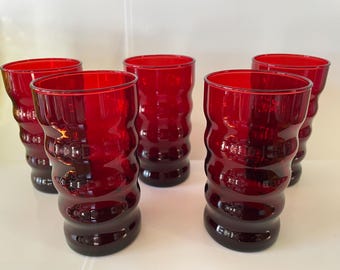 Set of 5 vintage 50’s red glass tumblers Deep Blood Red Ruby Red with wavy sides. 10 Oz. 5“ tall holiday, juice, everyday or wedding glasses