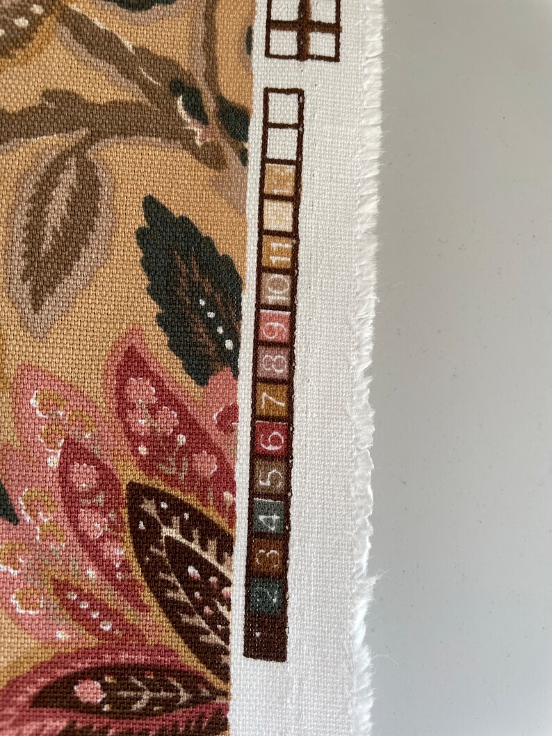 Puede incluir: Primer plano de una tela con un patr&oacute;n floral en tonos marrones, rosas y blancos. A la derecha de la imagen se puede ver una tabla de colores con los n&uacute;meros del 1 al 11.