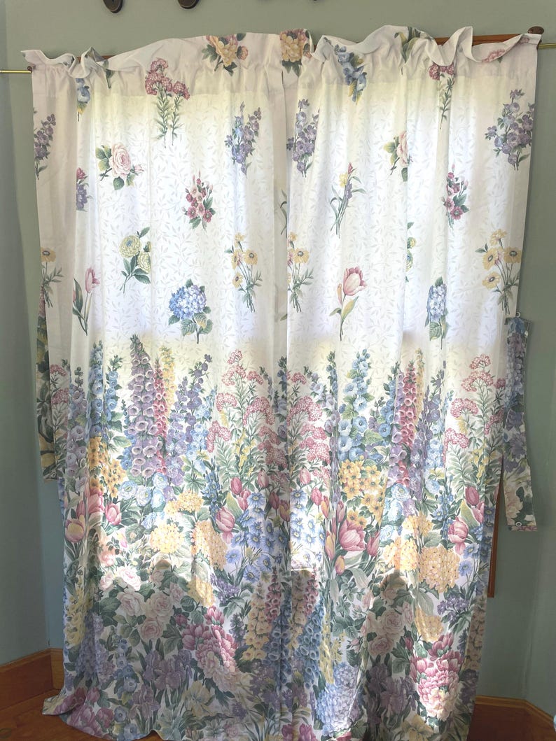 Vintage 1990’s floral tieback curtains French Country Flower Garden floral window valance, panels, Choose below pieces to fit your needs Pair curtains 82X87