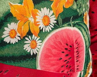 Vintage 1980’s home sewn watermelon and floral pillow. Large 22” square with ruffle in coordinating fabric. Reversible.