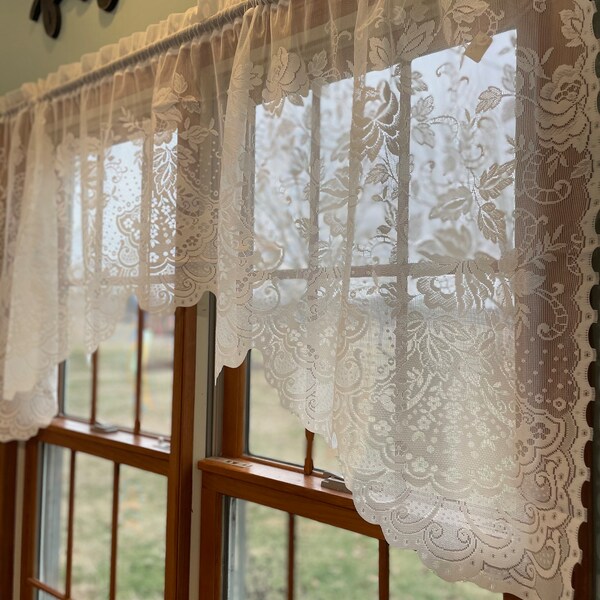 Choice of Vintage lace curtains: cream scalloped valance 76x33 netted lace floral & flourish panel 58x80 or 54x41 only one of each sold ind.