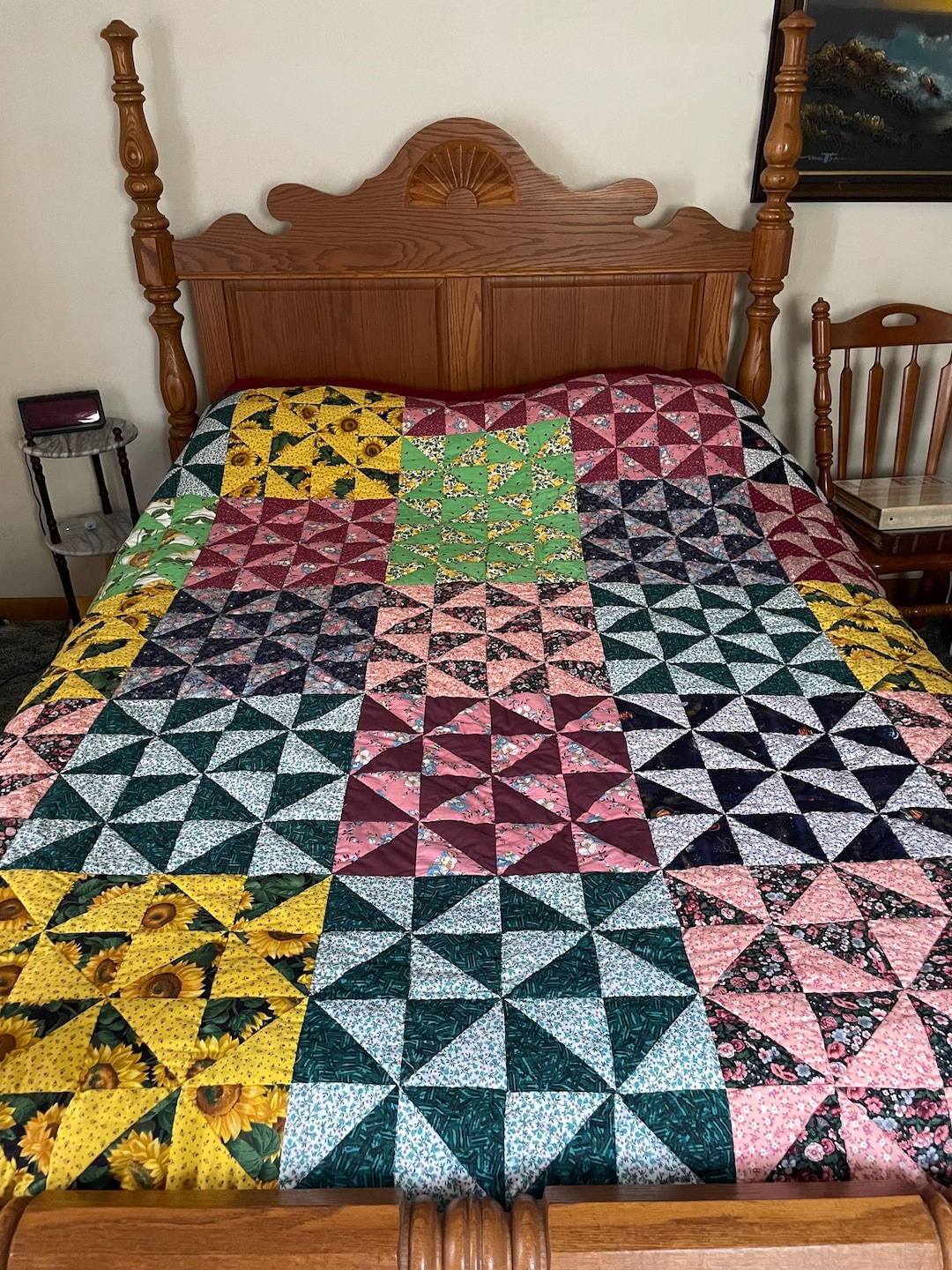 Beautiful Patchwork Quilt Handmade Sunflowers & More Queen Size. Lots ...