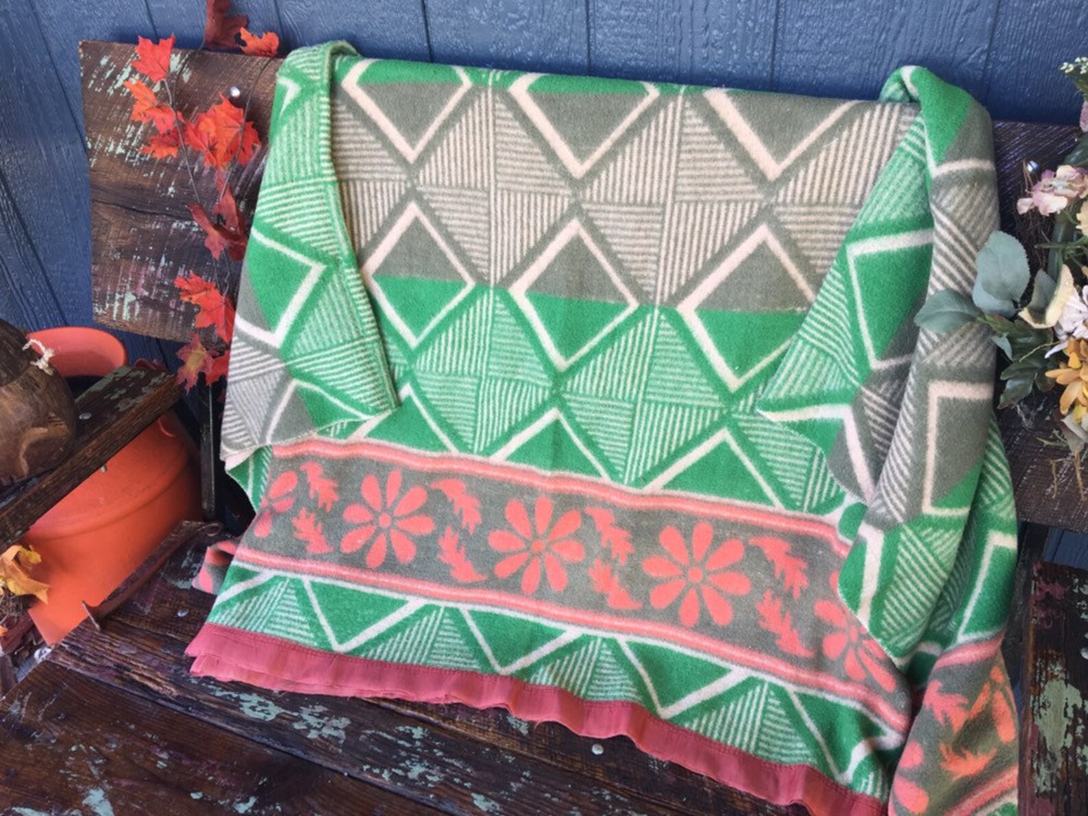 Vintage Cotton Woven Twin Blanket With Satin Binding in Green Etsy