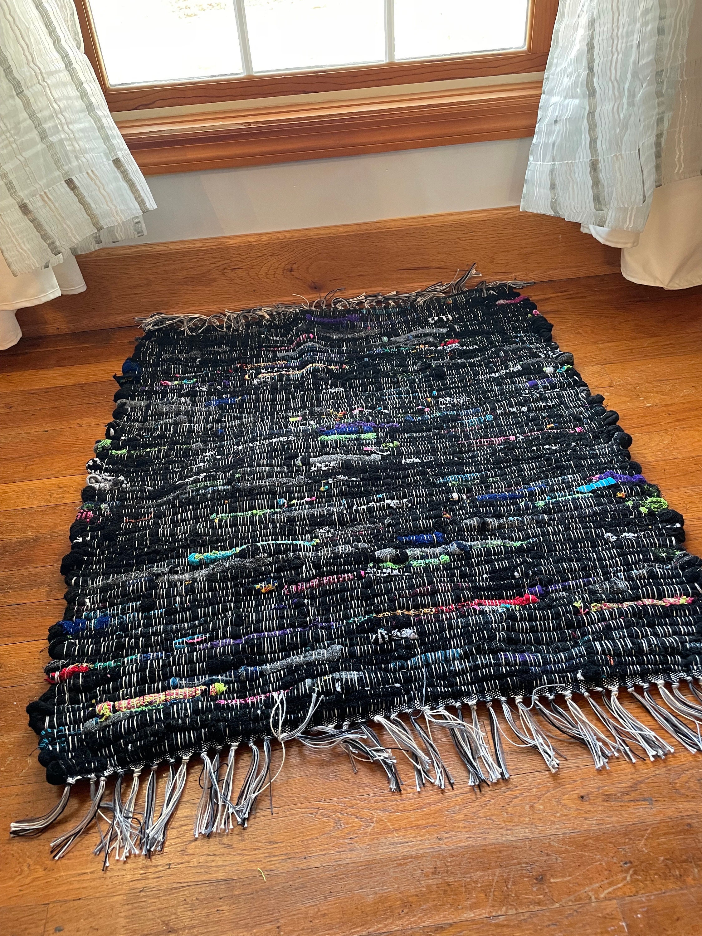 Handwoven Thick Rag Rug Black and Pops of Neon Colors!! Handmade