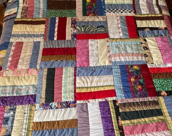 Handmade Patchwork Quilt Colorful Queen Size Hand Quilted scrappy patchwork basketweave quilt with points around the edges. 89”x88” OOAK
