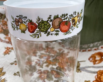 Vintage 70’s Vintage Corning Ware Gemco Spice of Life glass canister Stove counter mat, 4 vinyl placemats, and bean crock & 1 3/4 cup dish