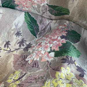 Old Midcentury Barkcloth fabric 125”x72” was sewn down center for bedspread. Taupe, dusty purple, lilac, peach, yellow, Dk Green on gray