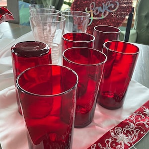 Vintage Hand Blown red colored glasses large tumblers Valentine barware set of 6 OR 4 pink 1930’s Depression footed tumblers