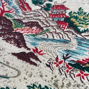Vintage midcentury Barkcloth curtain single panel 43” wide x 79” long. Red, Gray, teal, brown, lime and more Japanese houses mtns. Pleating