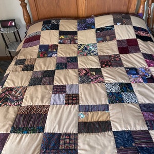 Beautiful Hand Quilted Soft Velvet Patchwork Quilt Queen size with Lots of beautiful design velvet fabrics and beige chintz squares 90”x88”