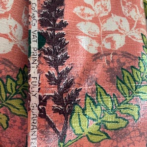 Vintage midcentury Co Fab Co Barkcloth fabric Nearly 5 yards Coral color with lime green leaves, chocolate brown NOS excellent cond vat dyed