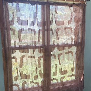 Vintage lace shower curtain 70’s chocolate brown with funky Mod geometric patterns 67” wide x 65” long. Poly knit lace. Use with a liner image 1