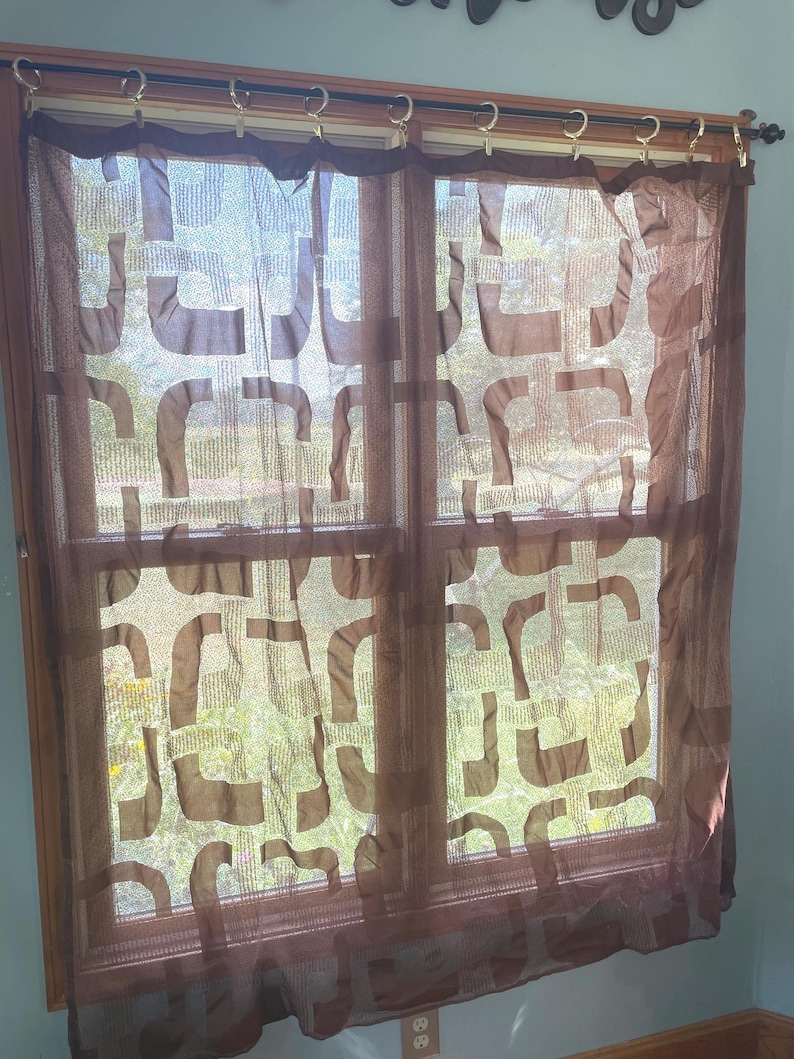 Vintage lace shower curtain 70’s chocolate brown with funky Mod geometric patterns 67” wide x 65” long. Poly knit lace. Use with a liner image 1