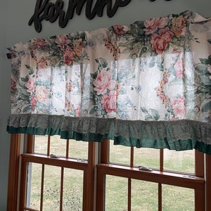 Vintage 80’s floral Country curtains ruffled valance  44”x22” or curtain tier in sage green trim and floral colors 72”x29”  w/ lace trim
