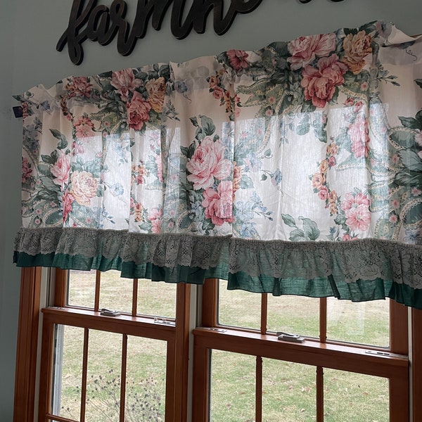 Vintage 80’s floral Country curtains ruffled valance  44”x22” or curtain tier in sage green trim and floral colors 72”x29”  w/ lace trim