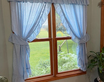 Choice of Pair of Vintage Priscilla curtains 1980’s Cotillion Blue OR cream ruffled floral scallop expandable valance