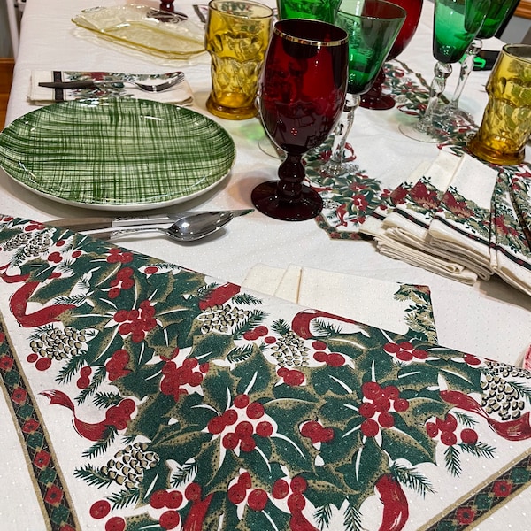 Vintage 1980’s Christmas Tablecloth and Napkins High quality Sunweave Linens cotton/poly blend with satiny polka dotted background Stunning!