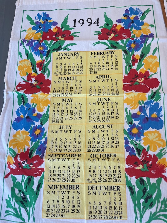 Vintage Calendar kitchen Towels 1969, 1986, 1989, 1992, 1994, 1998 and 1990’s teddy, fruit, bird souvenir linen towels world travel Tasmania
