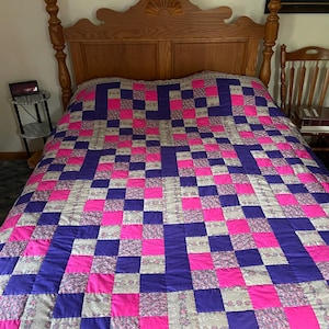 Handmade Colorful Quilt Hand Quilted Queen size Quilt with hand set points Pinks and Purples and mauves Large size 93”x87”