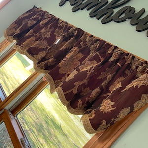 Beautiful Upholstery weight valance curtains in dark crimson burgundy woven with black for depth with gorgeous tan scalloped trim 52”x18”