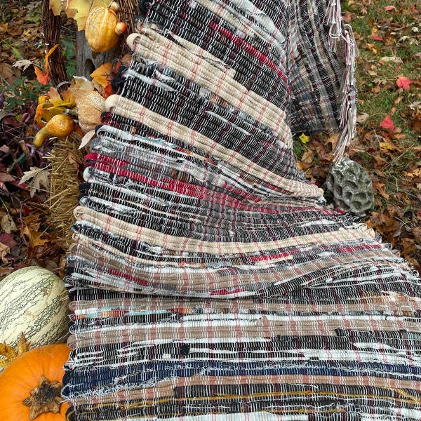 Hand Woven Rag Rug “Mountain View” 46” x 28.5” Hand Loomed Pendleton Wool black creamy white dark red and gray neutral colors Washable!!