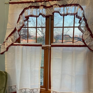 Vintage 90’s Country Lane Kitchen curtain tiers in rust and cream color 60”x36”w/ cottages, picket fence, trees and hearts lace trim insert