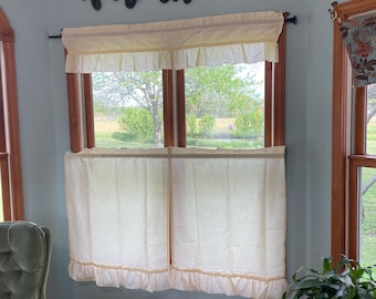 Vintage curtains 90’s Three piece cafe curtain set w/ruffle in  butter yellow tier curtains 60”x36” and valance 54”x12” light filtering NOS