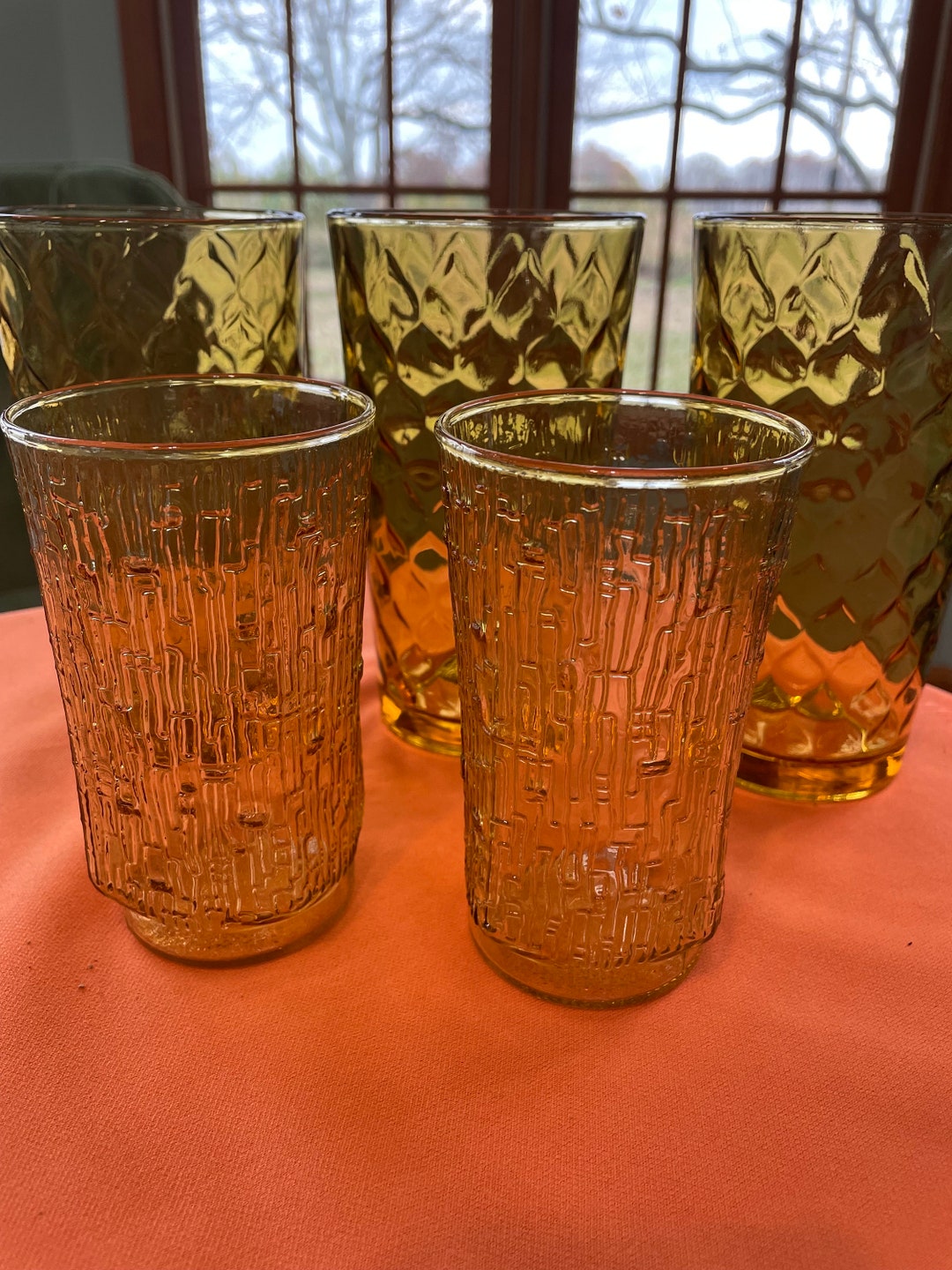 Vintage Set Glasses MCM 1970s Crinkle Glasses or Drinking Amber