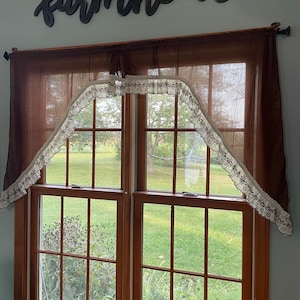 Choice Vintage sheer curtains 1970’s dark brown swags, pink lace or pale banana taffy color w/o ruffle or beautiful French embroidered sheer
