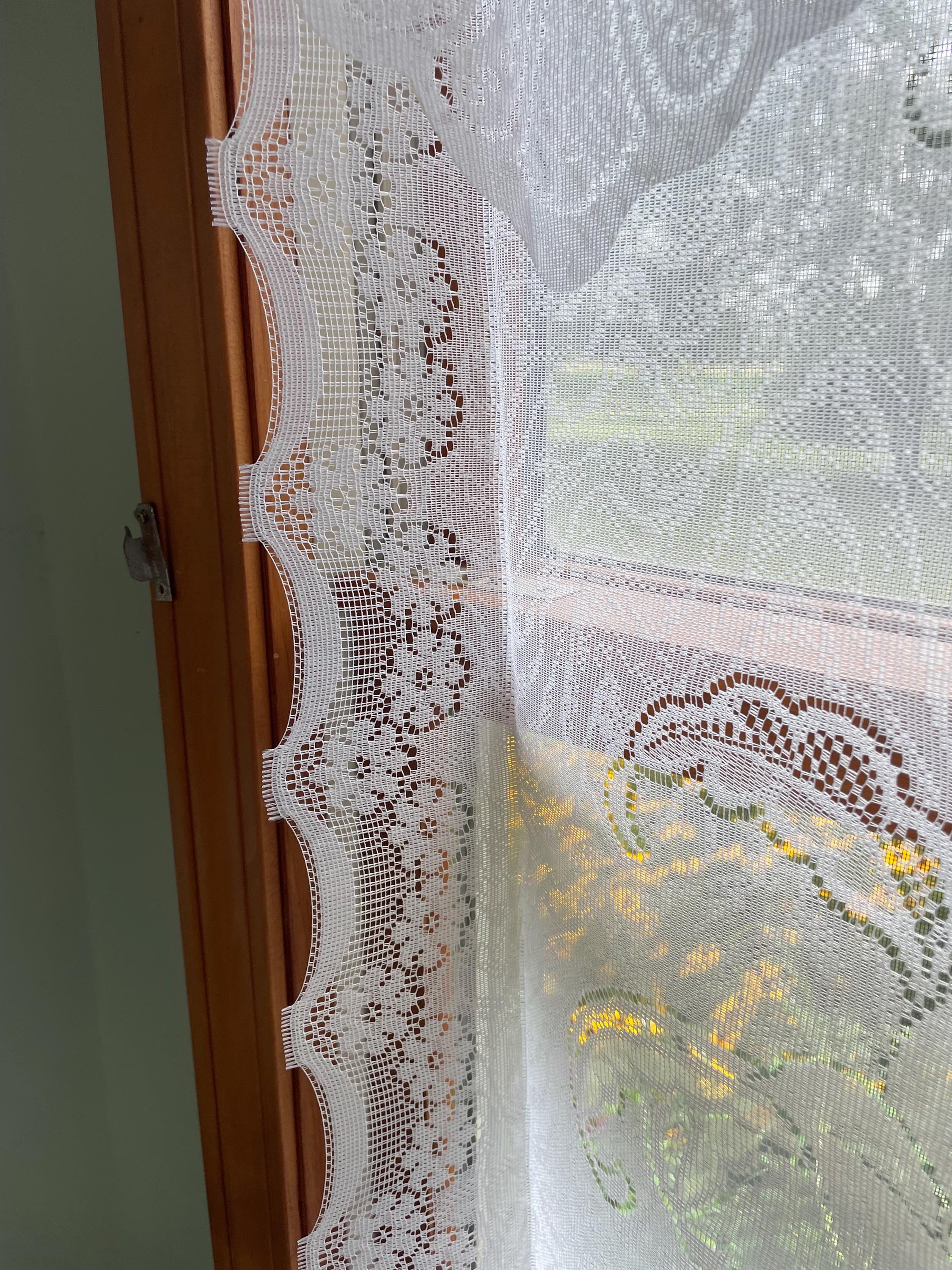 Vintage Single Panel Bright White Lace Curtain W/valance Netted