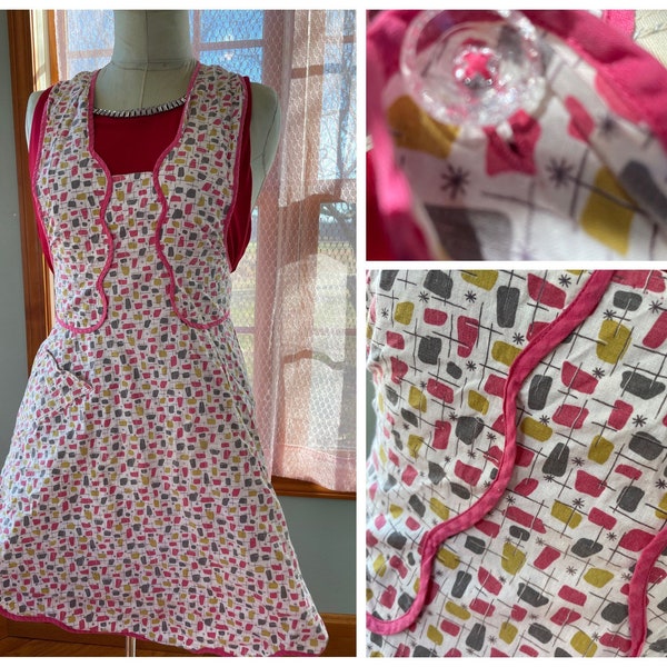 Choice of Vintage MCM Aprons Christmas and Other Designs check these out!! Organza apron floral apron and 1960’s atomic flour sack apron