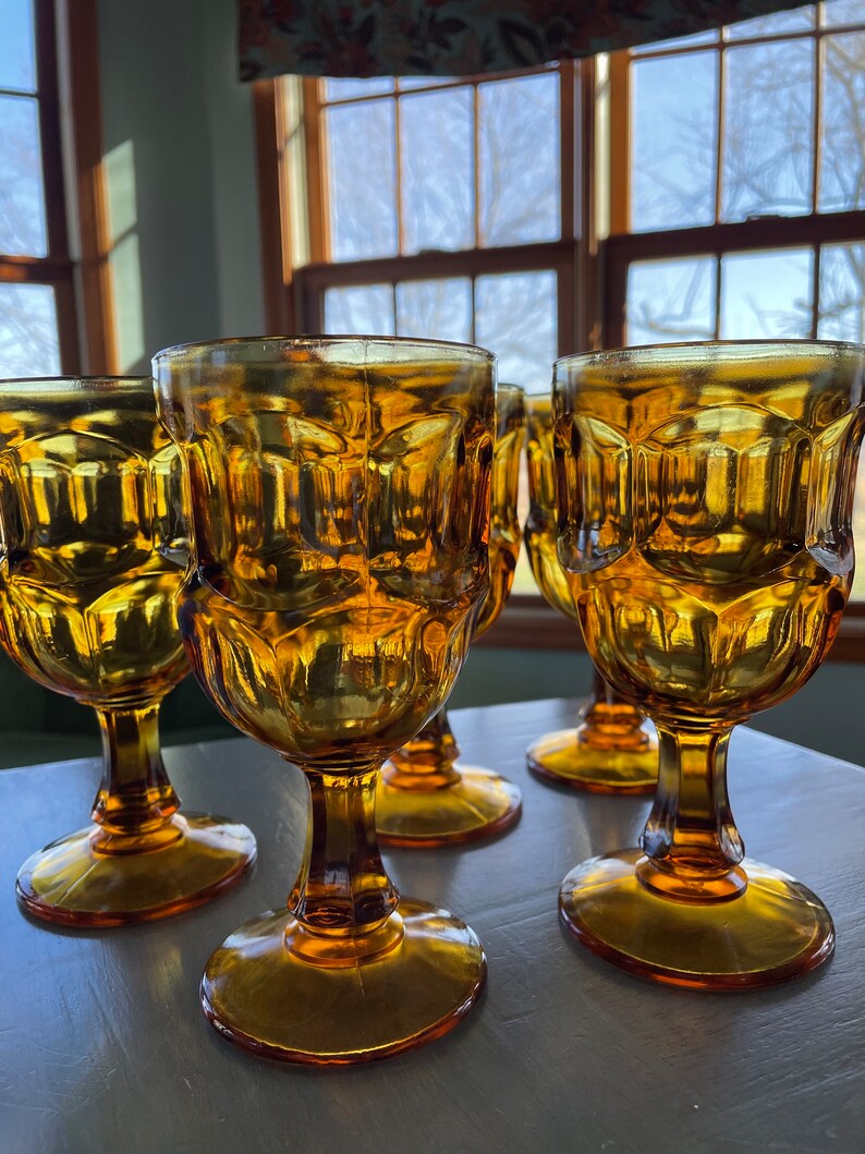 Set of 5 Vintage Drinking Glasses Mcm 1970s Pedestal Heavyweight Amber
